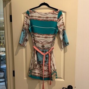 Teal & Coral Patterned Boatneck Dress with Tie Waist